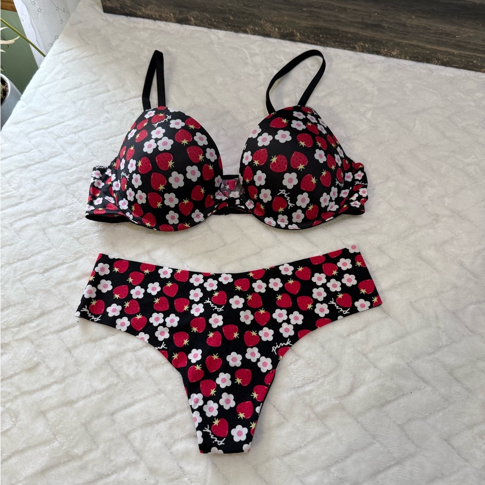 Nwt $47 Victorias Secret Pink Front Close Push Up Bra Strawberry Thong 36B M